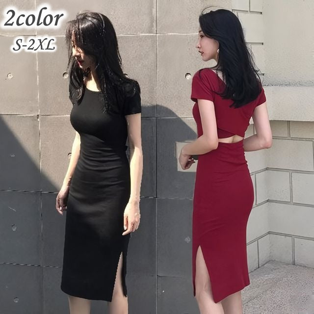 ワンピース レディース 女性用 半袖 タイト ボートネック 膝丈 ミディアム丈 無地 背中オープン サイドスリット おしゃれ セクシー おでかけ 大きいサイズ