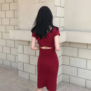 ワンピース レディース 女性用 半袖 タイト ボートネック 膝丈 ミディアム丈 無地 背中オープン サイドスリット おしゃれ セクシー おでかけ 大きいサイズ