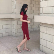 ワンピース レディース 女性用 半袖 タイト ボートネック 膝丈 ミディアム丈 無地 背中オープン サイドスリット おしゃれ セクシー おでかけ 大きいサイズ