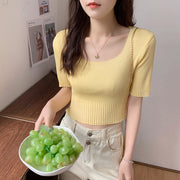 ニット 半袖 トップス レディース 女性 婦人服 スクエアネック サマーニット ショート丈 無地 単色 シンプル かわいい おしゃれ