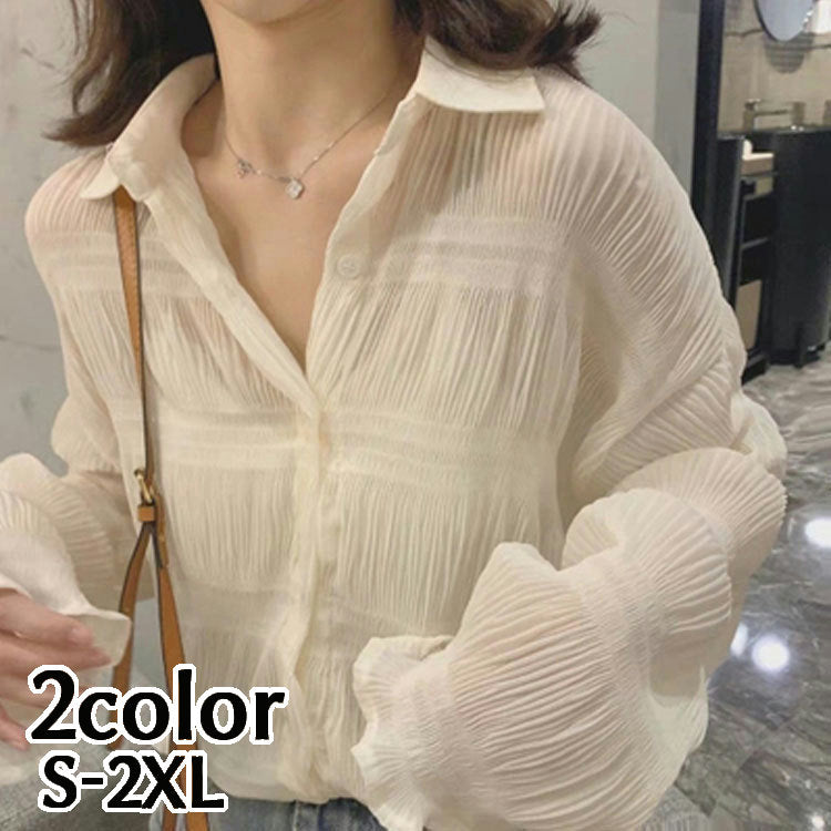 シャツ シアーシャツ 細プリーツ加工 ブラウス レディース 婦人服 トップス 長袖 襟付き レギュラーカラー 前ボタン おしゃれ トラッド ふんわり キレイめ系 オフィスファッション 大きいサイズ