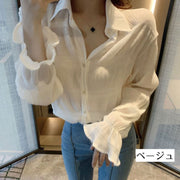 シャツ シアーシャツ 細プリーツ加工 ブラウス レディース 婦人服 トップス 長袖 襟付き レギュラーカラー 前ボタン おしゃれ トラッド ふんわり キレイめ系 オフィスファッション 大きいサイズ