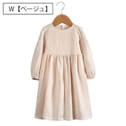 ワンピース 子供服 キッズ ベビー 女の子 長袖 フレア ラウンドネック 丸首 ギャザー ナチュラル ふんわり ひざ丈 袖ゴム おしゃれ かわいい 無地 単色 カジュアル お出かけ 子ども こども 女児 女子