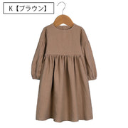 ワンピース 子供服 キッズ ベビー 女の子 長袖 フレア ラウンドネック 丸首 ギャザー ナチュラル ふんわり ひざ丈 袖ゴム おしゃれ かわいい 無地 単色 カジュアル お出かけ 子ども こども 女児 女子