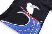 半袖Tシャツ カットソー 刺繍 縫い付け 男の子 キッズ ベビー クルーネック 鳥 サーフィン 黒T ブラック 夏服 普段着 保育園 幼稚園