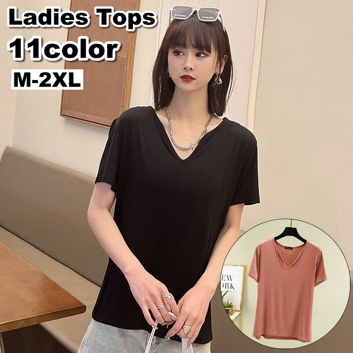 カットソー 半袖 Tシャツ Vネック レディース 女性 トップス 無地 単色 シンプル 着回し 合わせやすい 婦人服