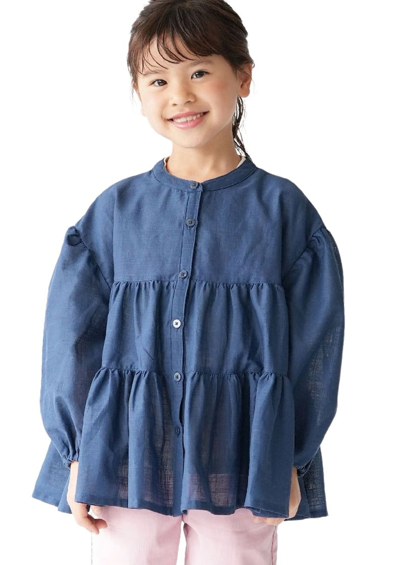 在庫処分【SALE】 シャツ チュニック トップス ギャザー フリル ブラウス 子供服 キッズ フレア 日除け 紫外線 前開き 羽織り 大人っぽい 大人かわいい お出かけ かわいい ふんわり ナチュラル おしゃれ