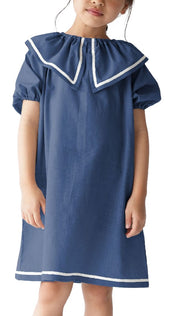 在庫処分【SALE】ワンピース セーラー セーラー襟 スモック 綿100 コットン ユニセックス 子供服 キッズ 半袖 無地 マリン プレイウェア 北欧 韓国 かわいい おしゃれ 遊び着 おでかけ 汚れ防止 幼稚園 保育園 小学生 襟ゴム