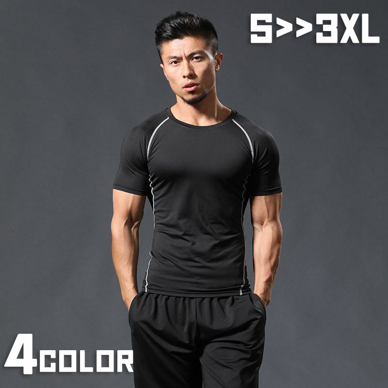 Tシャツ カットソー メンズ トップス スポーツウェア 半袖 ラウンドネック インナー トレーニング フィットネス ジム ランニング 黒