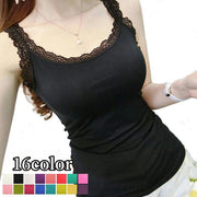キャミソール ノースリーブ レディース 女性 インナーウェア 肌着 無地 単色 Uネック レース おしゃれ かわいい リブ素材 シンプル カジュアル ガーリー 大人 上品 黒 白 春 夏 秋 冬