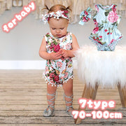カバーオール ロンパース 2点セット ノースリーブ ポンポンレース ヘッドバンド ツナギ ベビー 女の子 赤ちゃん かわいい キュート フラワープリント ヘアバンド 股スナップボタン ラウンドネック