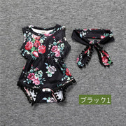 カバーオール ロンパース 2点セット ノースリーブ ポンポンレース ヘッドバンド ツナギ ベビー 女の子 赤ちゃん かわいい キュート フラワープリント ヘアバンド 股スナップボタン ラウンドネック