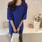 Tシャツ カットソー チュニック レディース 女性 トップス 半袖 丸首 ラウンドネック ドロップショルダー ゆったり 大きめ 大きいサイズ 2XL オーバーサイズ 無地 ブラック ピンク ホワイト ラフ カジュアル シンプル 部屋着 ルームウェア お揃い ペアルック 春 夏