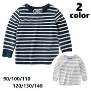 長袖Tシャツ プルオーバー ラウンドネック 丸首 袖口リブ ボーダー 英字 トップス キッズ 男の子 女の子 男児 女児 子供服 シンプル カジュアル 遊び着 90 100 110 120 130 140