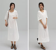 Tシャツワンピース 半袖 レディース ロング丈 ラウンドネック プルオーバー 無地 単色 ゆったり 体型カバー 楽チン デイリー カジュアル 部屋着 ルームウェア リラックスウェア 女性用