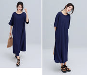 Tシャツワンピース 半袖 レディース ロング丈 ラウンドネック プルオーバー 無地 単色 ゆったり 体型カバー 楽チン デイリー カジュアル 部屋着 ルームウェア リラックスウェア 女性用