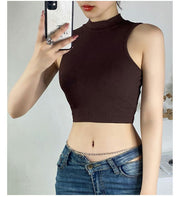 ノースリーブカットソー レディース トップス へそ出し ハイネック ブラック ホワイト グレー パープル シンプル スタイリッシュ