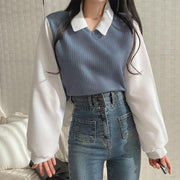 長袖カットソー 重ね着風 トップス 襟付き シャツ風 レイヤード風 レディース 大きいサイズ ゆったり バルーンスリーブ ぽわん袖 ニットベスト風 ベージュ ホワイト 清潔感 大人女子 ブラック 黒 ブルー 春 秋 春服 20代 30代 40代 50代