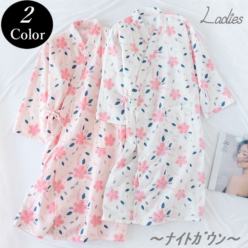 パジャマ ナイトガウン ネグリジェ レディース ゆかた ガーゼ 和風 部屋着 花柄 可愛い 着物 前開き 和服雰囲気 ナイトウエア ルームウエア