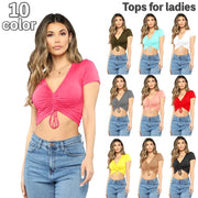カットソー Tシャツ ミニ丈 へそ出し レディース 女性 トップス 半袖 Vネック ショート丈 フロント絞り 無地 シンプル セクシー お洒落 可愛い カジュアル 普段使い 着回し 婦人服 カラバリ豊富