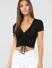 カットソー Tシャツ ミニ丈 へそ出し レディース 女性 トップス 半袖 Vネック ショート丈 フロント絞り 無地 シンプル セクシー お洒落 可愛い カジュアル 普段使い 着回し 婦人服 カラバリ豊富