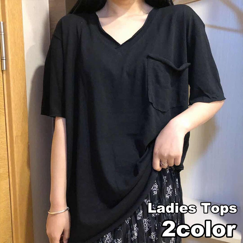 カットソー 半袖 Tシャツ レディース 女性 Vネック 胸ポケット 薄手 トップス 無地 単色 シンプル 着回し お洒落 婦人服
