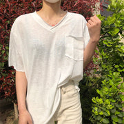 カットソー 半袖 Tシャツ レディース 女性 Vネック 胸ポケット 薄手 トップス 無地 単色 シンプル 着回し お洒落 婦人服