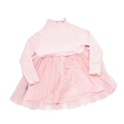 ドッキングワンピース ミニワンピース チュニック 長袖 ハイネック チュールスカート フレアスカート 子供服 キッズ ラメ キラキラ メロウ加工 かわいい 可愛い おしゃれ ガーリー 女の子 女児 女子 子供用 子ども服 こども服 90cm 100cm 110cm 120cm 130cm