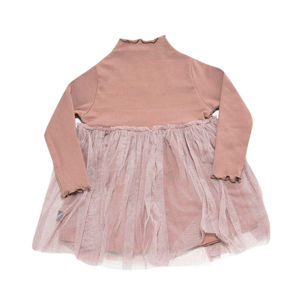 ドッキングワンピース ミニワンピース チュニック 長袖 ハイネック チュールスカート フレアスカート 子供服 キッズ ラメ キラキラ メロウ加工 かわいい 可愛い おしゃれ ガーリー 女の子 女児 女子 子供用 子ども服 こども服 90cm 100cm 110cm 120cm 130cm