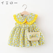 ワンピース ポシェット 2点セット ベビー キッズ 子供用 女の子 ノースリーブ 袖なし 襟付き フリル 花柄 フラワー 総柄 ギャザー ミニショルダーバッグ フラワーモチーフ お揃い お洒落 かわいい お出かけ 普段使い 女児 子供服