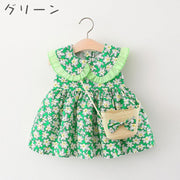 ワンピース ポシェット 2点セット ベビー キッズ 子供用 女の子 ノースリーブ 袖なし 襟付き フリル 花柄 フラワー 総柄 ギャザー ミニショルダーバッグ フラワーモチーフ お揃い お洒落 かわいい お出かけ 普段使い 女児 子供服