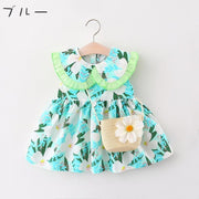 ワンピース ポシェット 2点セット ベビー キッズ 子供用 女の子 ノースリーブ 袖なし 襟付き フリル 花柄 フラワー 総柄 ギャザー ミニショルダーバッグ フラワーモチーフ お揃い お洒落 かわいい お出かけ 普段使い 女児 子供服