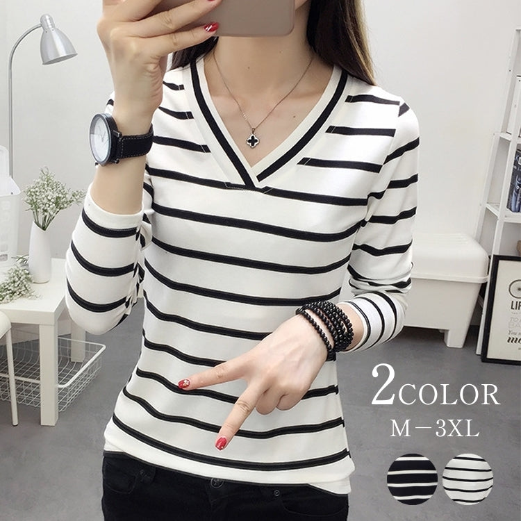 カットソー Tシャツ 長袖 レディース 女性 トップス ロンT Vネック ボーダー柄 プルオーバー 定番 シンプル 着回し抜群 着丈長め 体系カバー おしゃれ 重ね着 大きいサイズ