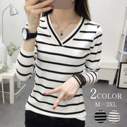 カットソー Tシャツ 長袖 レディース 女性 トップス ロンT Vネック ボーダー柄 プルオーバー 定番 シンプル 着回し抜群 着丈長め 体系カバー おしゃれ 重ね着 大きいサイズ