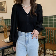 カーディガン 長袖 レディース 女性用 トップス Vネック バルーンスリーブ 透け感 伸縮性 前ボタン 羽織 上品 シンプル