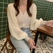 カーディガン 長袖 レディース 女性用 トップス Vネック バルーンスリーブ 透け感 伸縮性 前ボタン 羽織 上品 シンプル