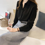 ブラウス シャツ レディースブラウス 長袖 無地 上着 立ち襟 シフォン オフィス 通勤 上品 きれいめ Vネック スキッパーカラー