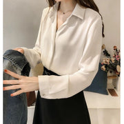 ブラウス シャツ レディースブラウス 長袖 無地 上着 立ち襟 シフォン オフィス 通勤 上品 きれいめ Vネック スキッパーカラー