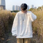 トレーナー メンズ 男性 トップス 長袖 丸首 ラウンドネック プルオーバー 起毛生地 もこもこ ふわふわ ゆったり 大きめ 無地 ホワイト ブラック シンプル カジュアル かわいい キュート クール かっこいい 秋 冬