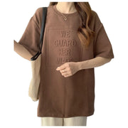 半袖Tシャツ カットソー レディース 3Dロゴ エンボス加工 ゆったり 体型カバー クルーネック ドロップショルダー カジュアル