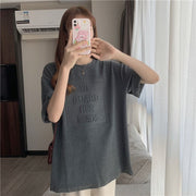半袖Tシャツ カットソー レディース 3Dロゴ エンボス加工 ゆったり 体型カバー クルーネック ドロップショルダー カジュアル