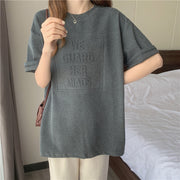 半袖Tシャツ カットソー レディース 3Dロゴ エンボス加工 ゆったり 体型カバー クルーネック ドロップショルダー カジュアル