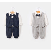 ロンパース カバーオール フォーマル 子供服 ベビー キッズ 新生児 赤ちゃん 男の子 長袖 襟付き 蝶ネクタイ ストライプ チェック柄 重ね着風 フェイクレイヤードスタイル お祝い事 パーティー 結婚式 写真撮影 入学 入園 卒業 卒園式 股スナップボタン おしゃれ かっこいい かわいい 出産祝い ギフト プレゼント