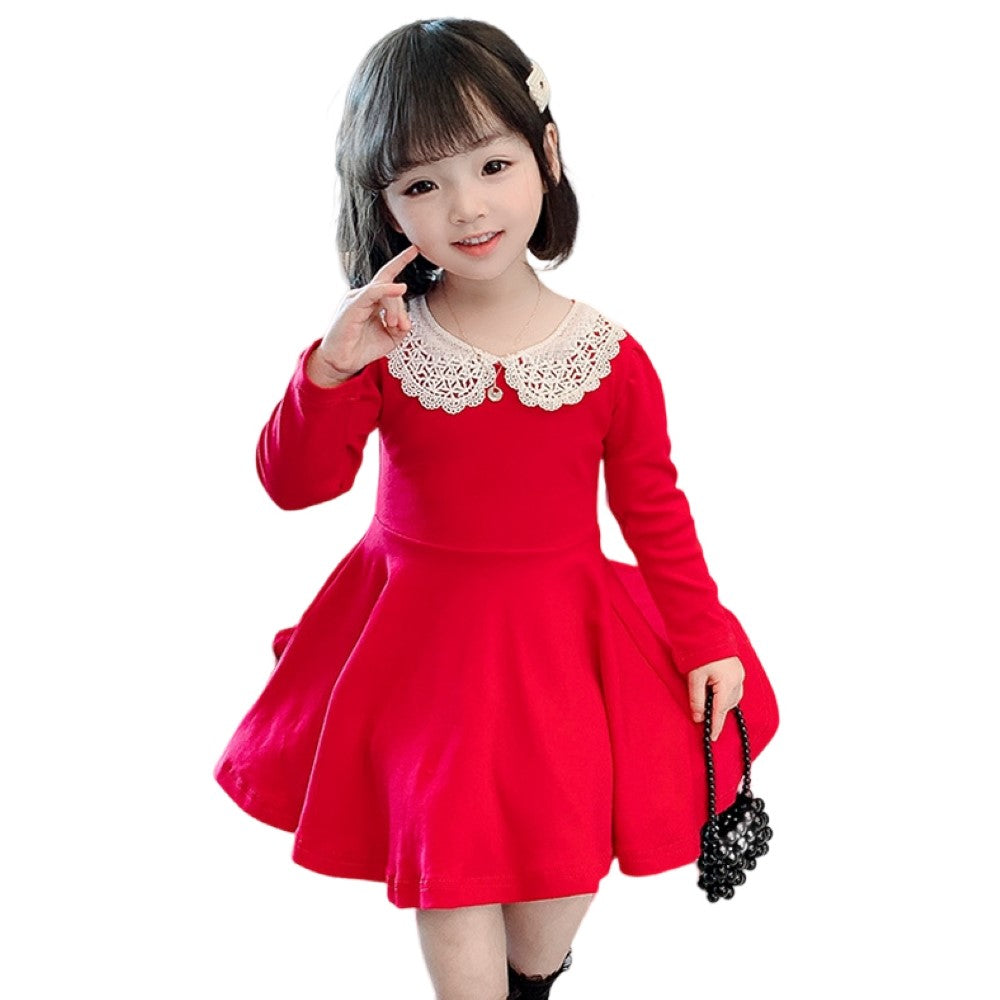 ワンピース 長袖 丸襟 フレア キッズ ベビー 子供服 女の子 膝丈 膝上丈 レース かわいい おしゃれ シック お出かけ
