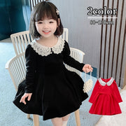 ワンピース 長袖 丸襟 フレア キッズ ベビー 子供服 女の子 膝丈 膝上丈 レース かわいい おしゃれ シック お出かけ