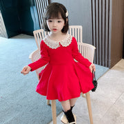 ワンピース 長袖 丸襟 フレア キッズ ベビー 子供服 女の子 膝丈 膝上丈 レース かわいい おしゃれ シック お出かけ