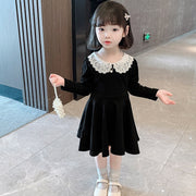 ワンピース 長袖 丸襟 フレア キッズ ベビー 子供服 女の子 膝丈 膝上丈 レース かわいい おしゃれ シック お出かけ