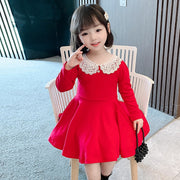 ワンピース 長袖 丸襟 フレア キッズ ベビー 子供服 女の子 膝丈 膝上丈 レース かわいい おしゃれ シック お出かけ