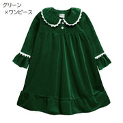 ルームウェア パジャマ ワンピース 長袖 子供服 キッズ ベビー ジュニア 女の子 部屋着 寝間着 Aライン ベロア調 フリル レース ラウンドネック 丸襟 ハーフボタン ガーリー 寝巻き 可愛い おしゃれ 女子 こども服 小学生 中学生 高学年