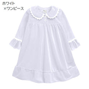 ルームウェア パジャマ ワンピース 長袖 子供服 キッズ ベビー ジュニア 女の子 部屋着 寝間着 Aライン ベロア調 フリル レース ラウンドネック 丸襟 ハーフボタン ガーリー 寝巻き 可愛い おしゃれ 女子 こども服 小学生 中学生 高学年